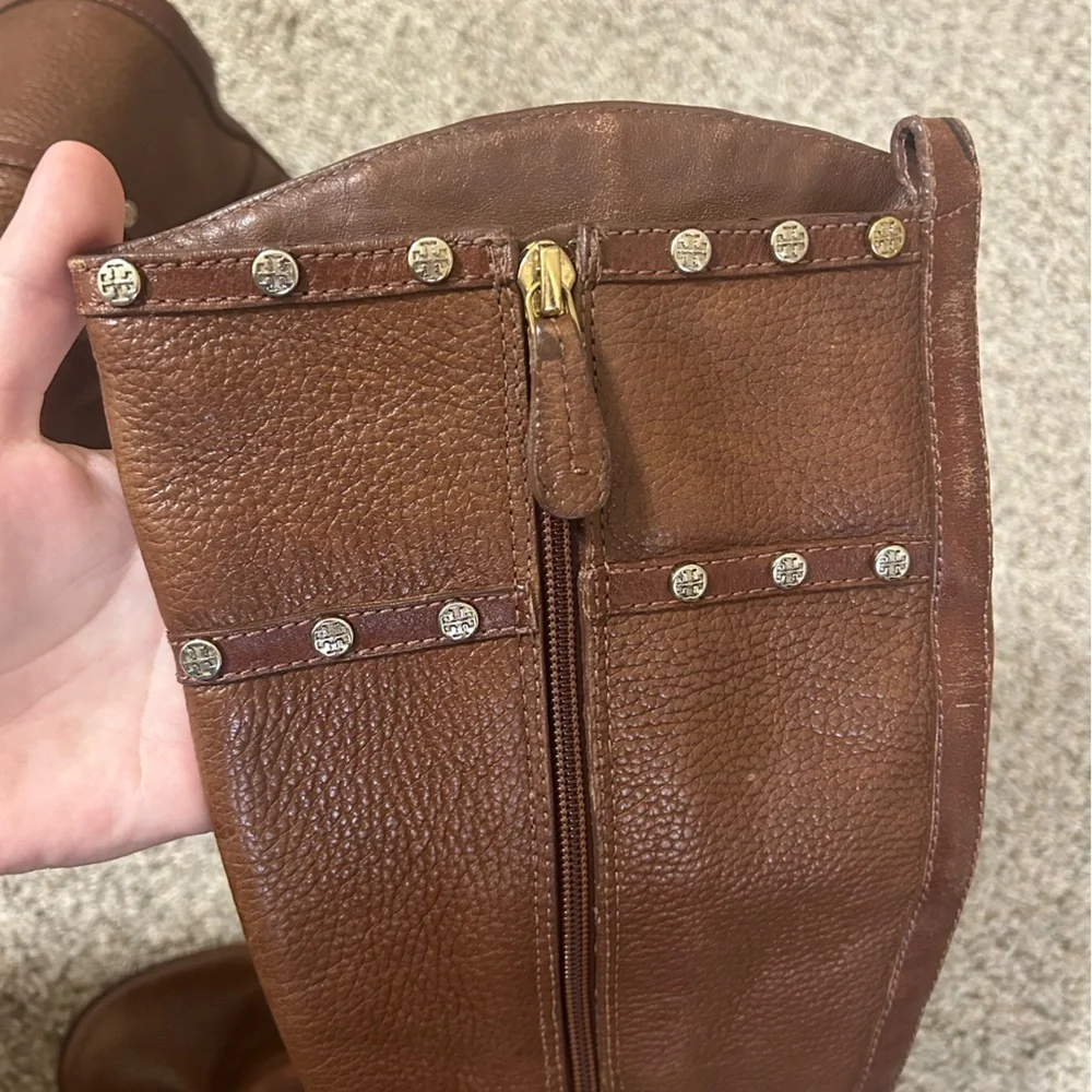 Tory Burch Mae Gold Studs Brown Pebble Leather Tall Riding Boots Women's Size 6